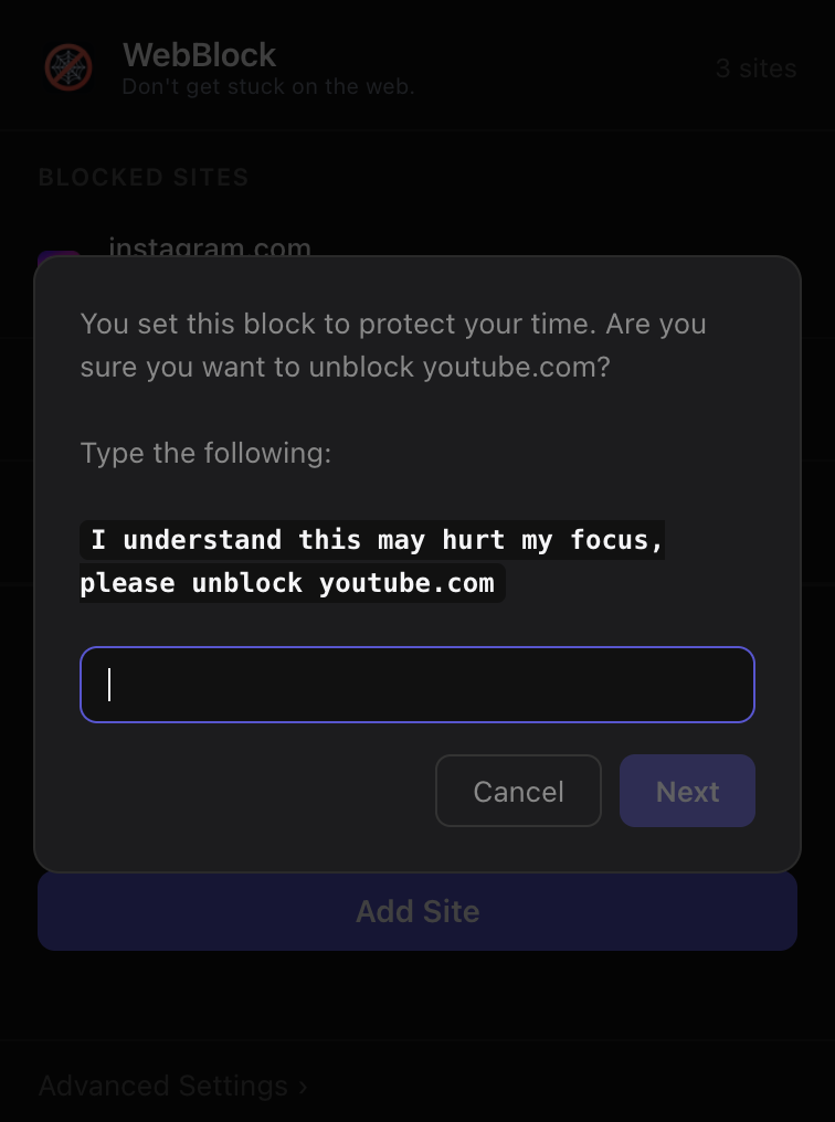 First unblock confirmation prompt with typed phrase