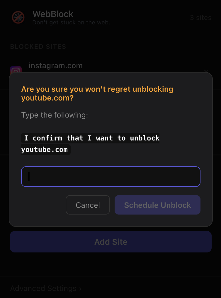 Final unblock confirmation prompt before scheduling unblock